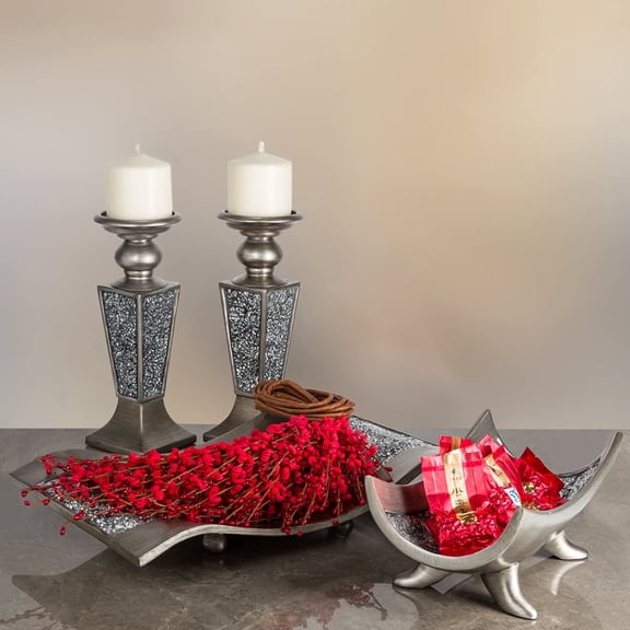 Schonwerk Silver Pillar Candle Holder Set of 2 - Crackled Mosaic Design - Centerpiece Table Decoration - Coffee Table Decor - Decoration Centerpiece for Living/Dining Room - Best Gift