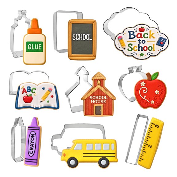 School 9 Piece Cookie Cutter Set - Apple, Chalkboard, Plaque, School House, Bottle, Book, School Bus, Crayon, Ruler Cookie Cutters - The Cookie Cutter Shop - Tin Plate Steel