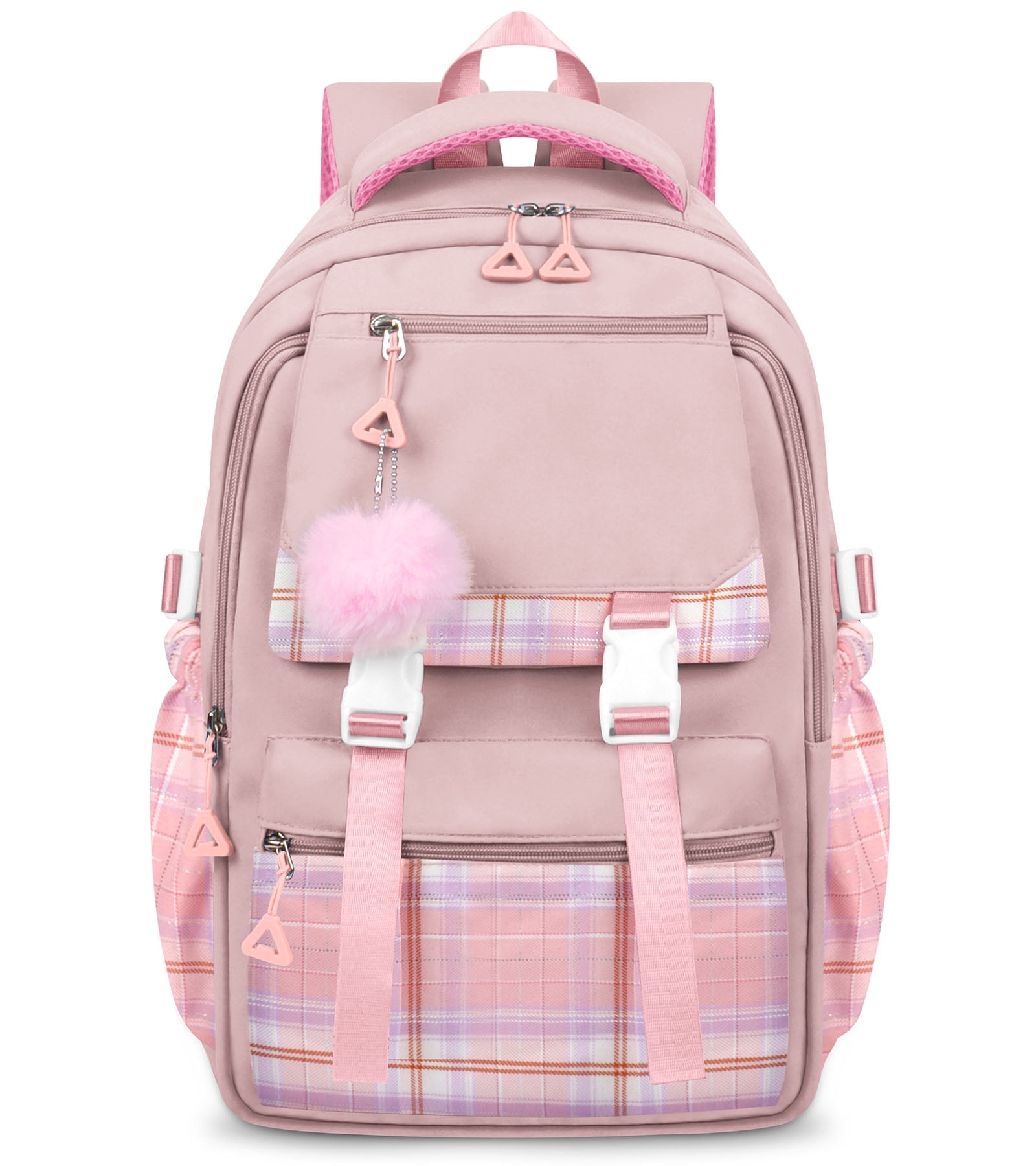 DAKIMOE Pink School Backpack for School, Travel, Work, Large Capacity Waterproof Bookbag with 7 Compartments and Luggage Belt