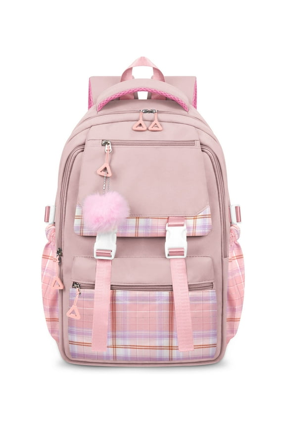 Pink School Backpack for School, Travel, Work, Large Capacity Waterproof Bookbag with 7 Compartments and Luggage Belt