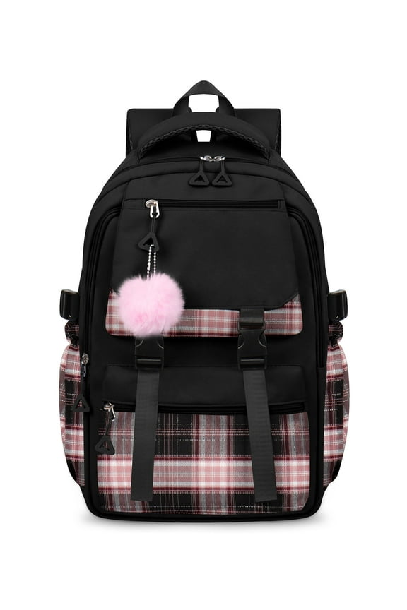 Black School Backpack for School, Travel, Work, Large Capacity Waterproof Bookbag with 7 Compartments and Luggage Belt