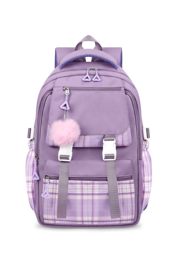 Purple School Backpack for School, Travel, Work, Large Capacity Waterproof Bookbag with 7 Compartments and Luggage Belt