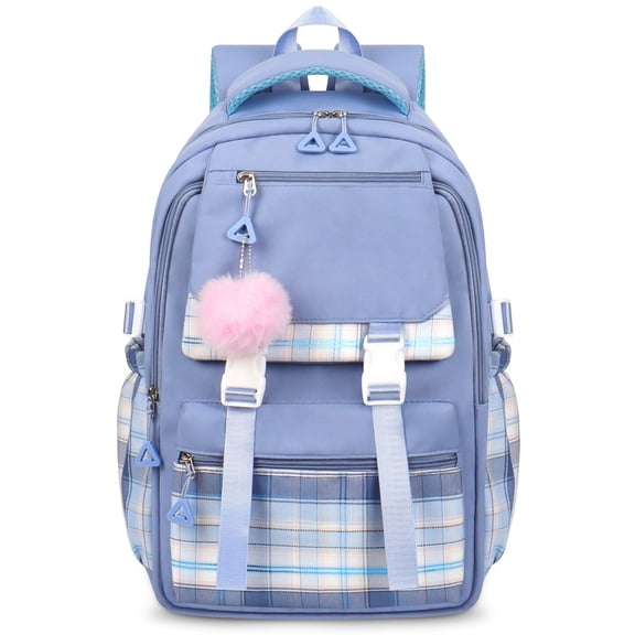 DAKIMOE Blue School Backpack for School, Travel, Work, Large Capacity Waterproof Bookbag with 7 Compartments and Luggage Belt