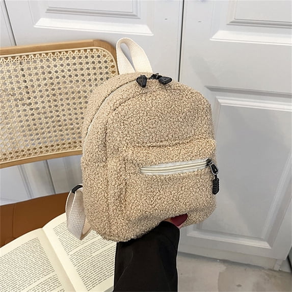 School Backpack Adorable Plush Fluffy Backpack Fuzzy Sherpa Aesthetic Mini Daypack for Travel Everyday Use and Daily Adventure(Khaki)