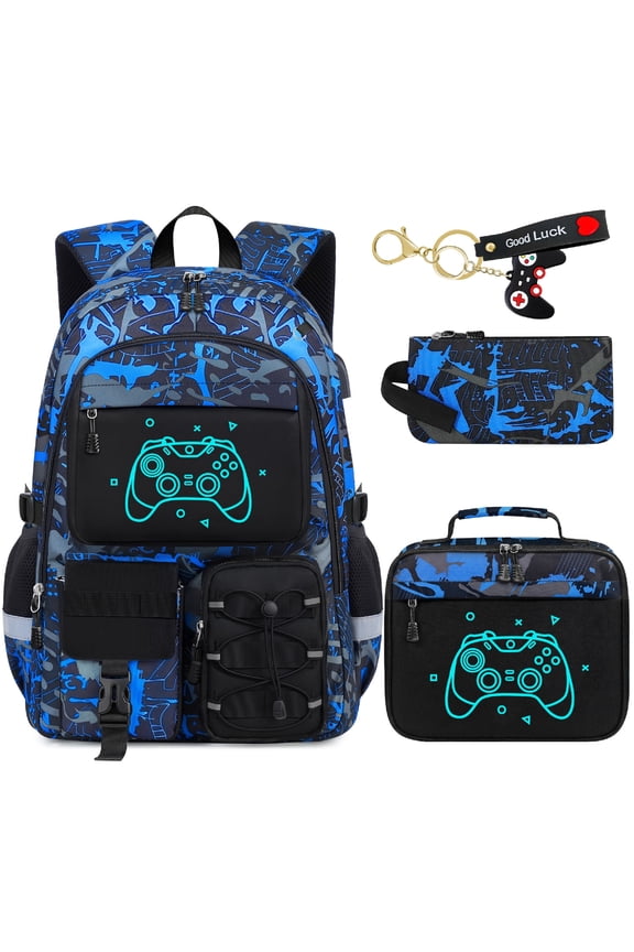 School Backpack for Boys - 4pcs Gamer Boys Backpack with Lunch Box Set for Kids Teens Elementary Middle High School,18″ Large Capacity Students Bookbag with Usb Charging Port & Key-chain