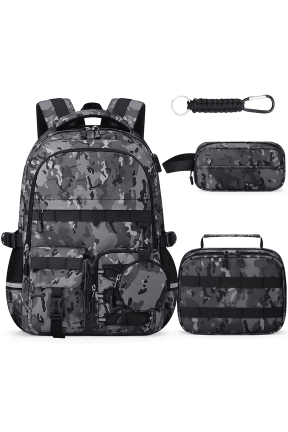 School Backpack for Boys - 5pcs Camo Boys Backpack with Lunch Box Set for Kids Teens Elementary Middle High School,18″ Large Capacity Students Bookbag