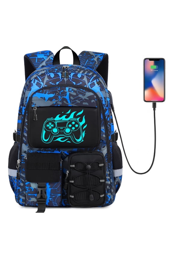School Backpack for Boys - Gamer Boys Backpacks for Kids Teens Elementary Middle High School,18″ Large Capacity Students Bookbag with Usb Charging Port
