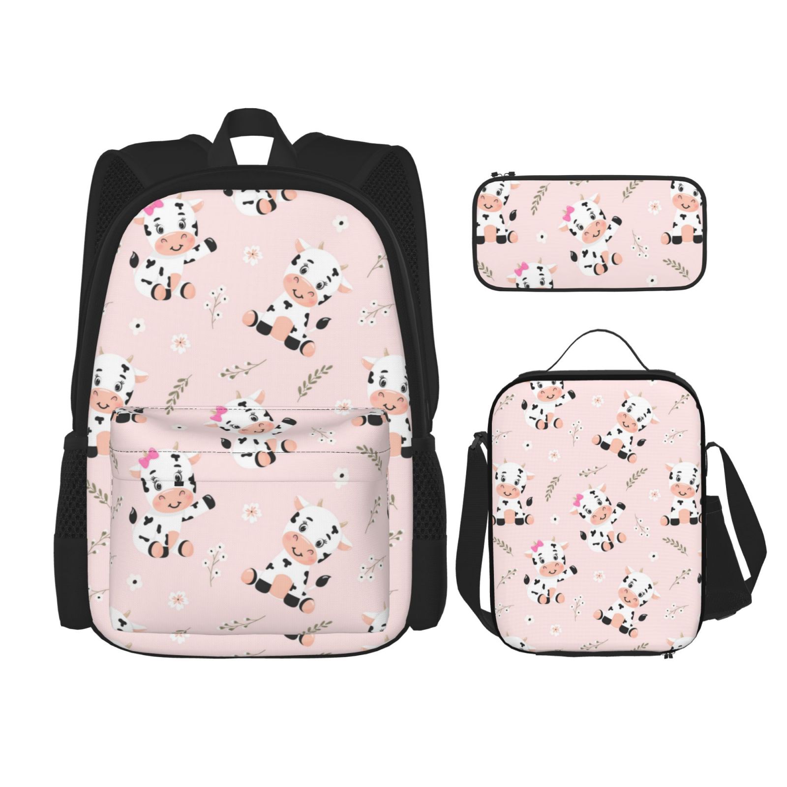 School Backpack Casual Cute Cow Flower Leaves Backpack for Girls Boys