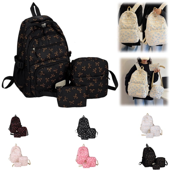School Backpack Coquette Bow Nylon Backpack 3Pcs Set Cute College Laptop Rucksack Fashion Travel Daypack