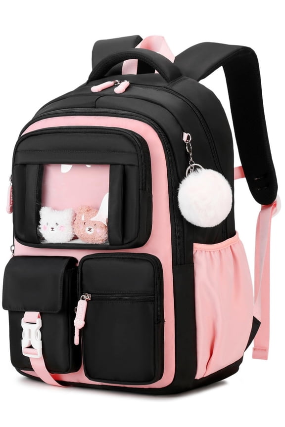Girls Backpack for School, Kids Bookbag for Girls, Kawaii School Bag with Clear Display Pocket, Large Capacity Elementary Middle School Backpack, Black Pink