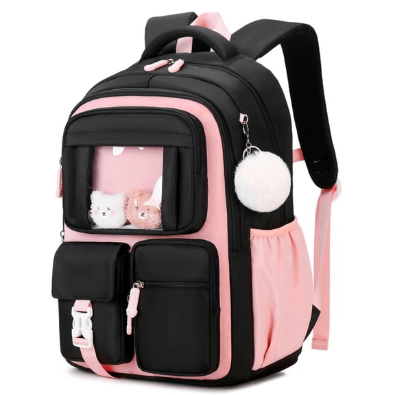 MEHOOM Girls Backpack for School, Kids Bookbag for Girls, Kawaii School Bag with Clear Display Pocket, Large Capacity Elementary Middle School Backpack, Black Pink