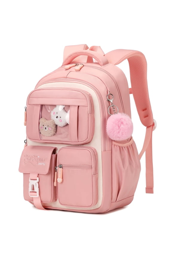 Girls Backpack for School, Kids Bookbag for Girls, Kawaii School Bag with Clear Display Pocket, Large Capacity Elementary Middle School Backpack, Pink