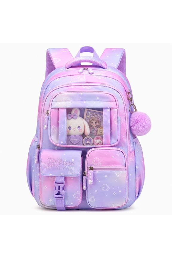 Girls Backpack for School, Kids Bookbag for Girls, Kawaii School Bag with Clear Display Pocket, Large Capacity Elementary Middle School Backpack, Purple Gradient