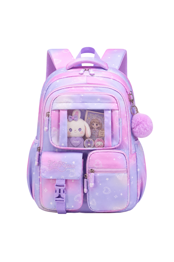 Girls Backpack for School, Kids Bookbag for Girls, Kawaii School Bag with Clear Display Pocket, Large Capacity Elementary Middle School Backpack, Purple Gradient