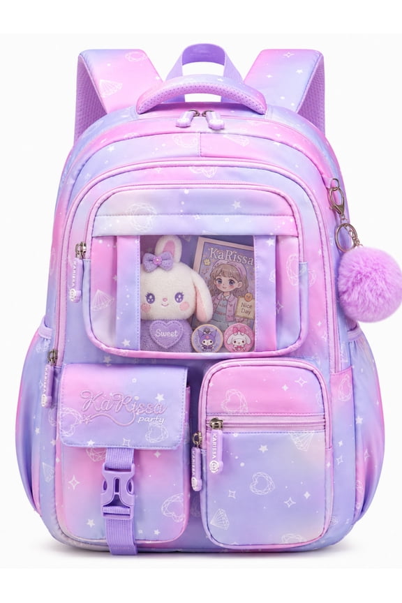 Girls Backpack for School, Kids Bookbag for Girls, Kawaii School Bag with Clear Display Pocket, Large Capacity Elementary Middle School Backpack, Purple Gradient