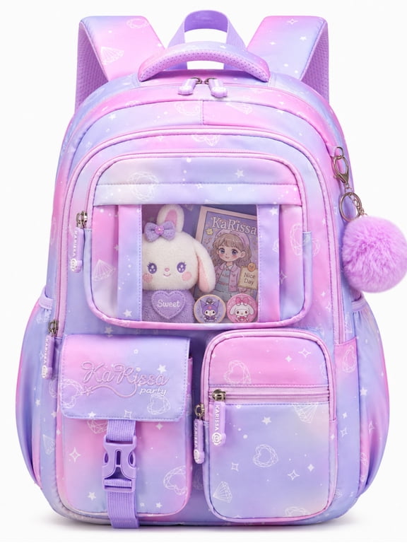 Girls Backpack for School, Kids Bookbag for Girls, Kawaii School Bag with Clear Display Pocket, Large Capacity Elementary Middle School Backpack, Purple Gradient
