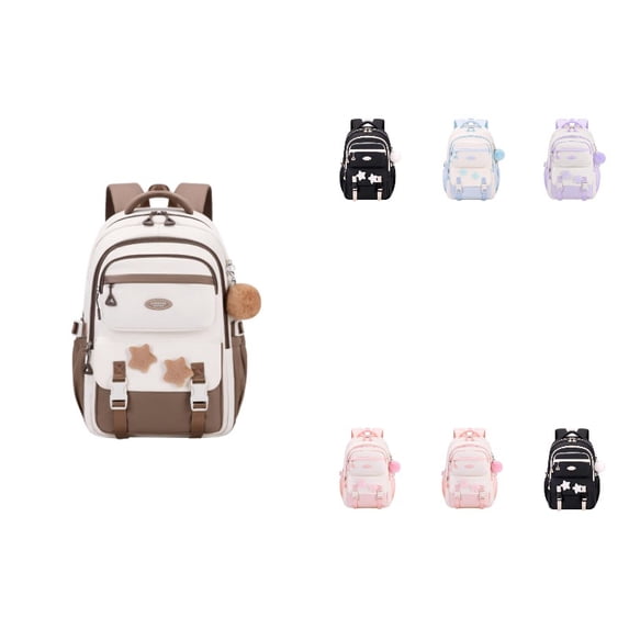 School Backpack for G`irls, Large Capacity Multi Pocket Water Resistant Student Bookbag with Pom Pom Pendant, Kawaii Pastel Color Daypack for Elementary Middle School