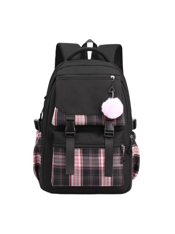 School Backpack Laptop Rucksack Large Capacity Oxford Cloth Daypack Lightweight Durable Black Pink Plaid Design with Cute Charm Pendant A4 Bookbag