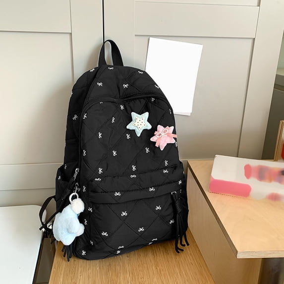 School Backpack Lightweight Campus Style Backpack with Cute Plush Charms Floral Print Large Capacity Shoulder Design 2026 Back to School Backpack for Daily(Black)