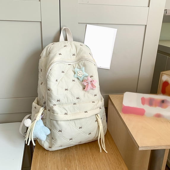 School Backpack Lightweight Campus Style Backpack with Cute Plush Charms Floral Print Large Capacity Shoulder Design 2026 Back to School Backpack for Daily(White)