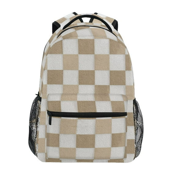 School Backpack Lightweight Multipocket College High Middle Student Bag 15L Beige Brown White Checkered