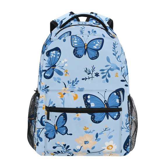 School Backpack Lightweight Multipocket College High Middle Student Bag 15L Blue Butterflies and Flowers