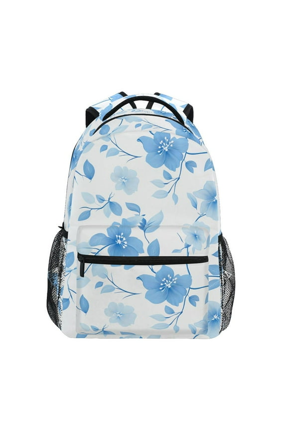School Backpack Lightweight Multipocket College High Middle Student Bag 15L Blue Flower and Leaf