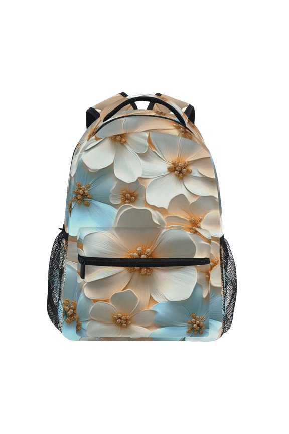School Backpack Lightweight Multipocket College High Middle Student Bag 15L Blue Peach 3d Flowers