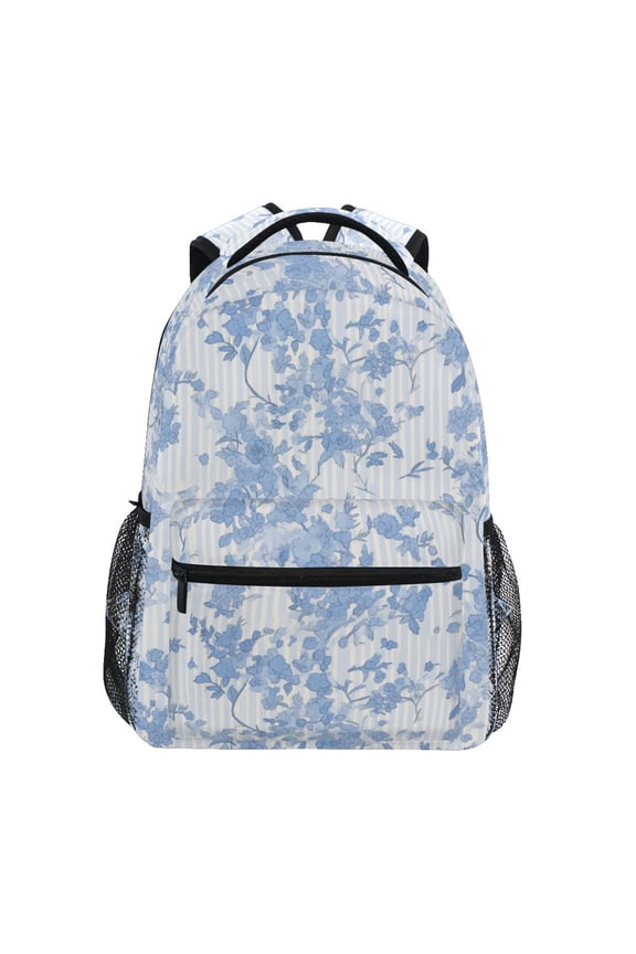 School Backpack Lightweight Multipocket College High Middle Student Bag 15L Blue White Stripes and Blue Flowers