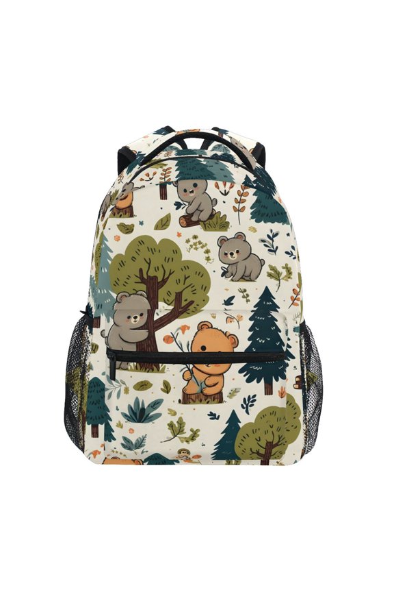 School Backpack Lightweight Multipocket College High Middle Student Bag 15L Cartoon Bear with Tree