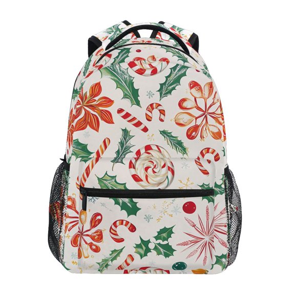School Backpack Lightweight Multipocket College High Middle Student Bag 15L Christmas Candy Canes Holly Leaves