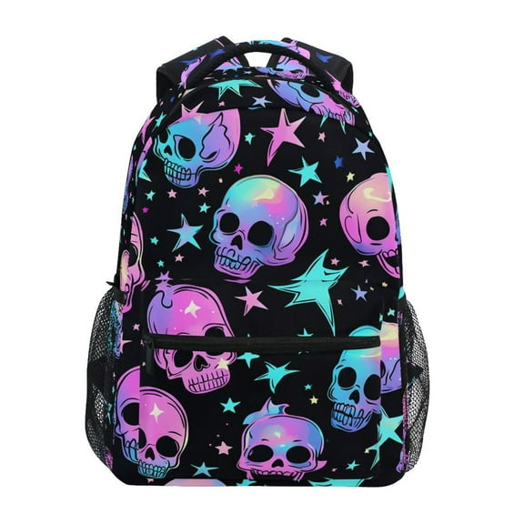 School Backpack Lightweight Multipocket College High Middle Student Bag 15L Neon Skulls and Stars