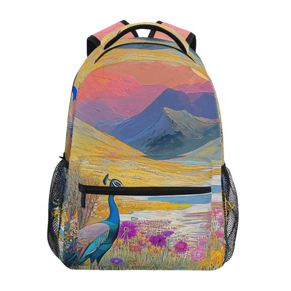 School Backpack Lightweight Multipocket College High Middle Student Bag 15L Peacocks in Alpine Meadow
