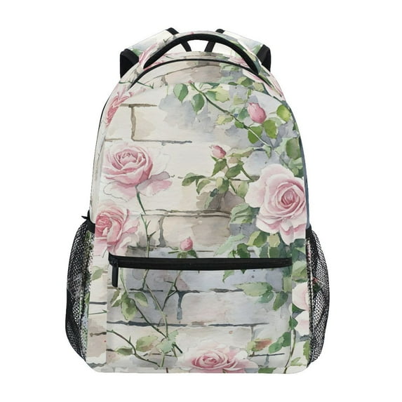 School Backpack Lightweight Multipocket College High Middle Student Bag 15L Pink Roses Climbing on Wall