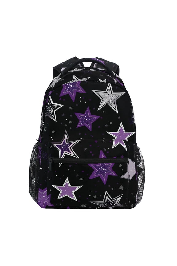 School Backpack Lightweight Multipocket College High Middle Student Bag 15L Stars with Silver and Purple
