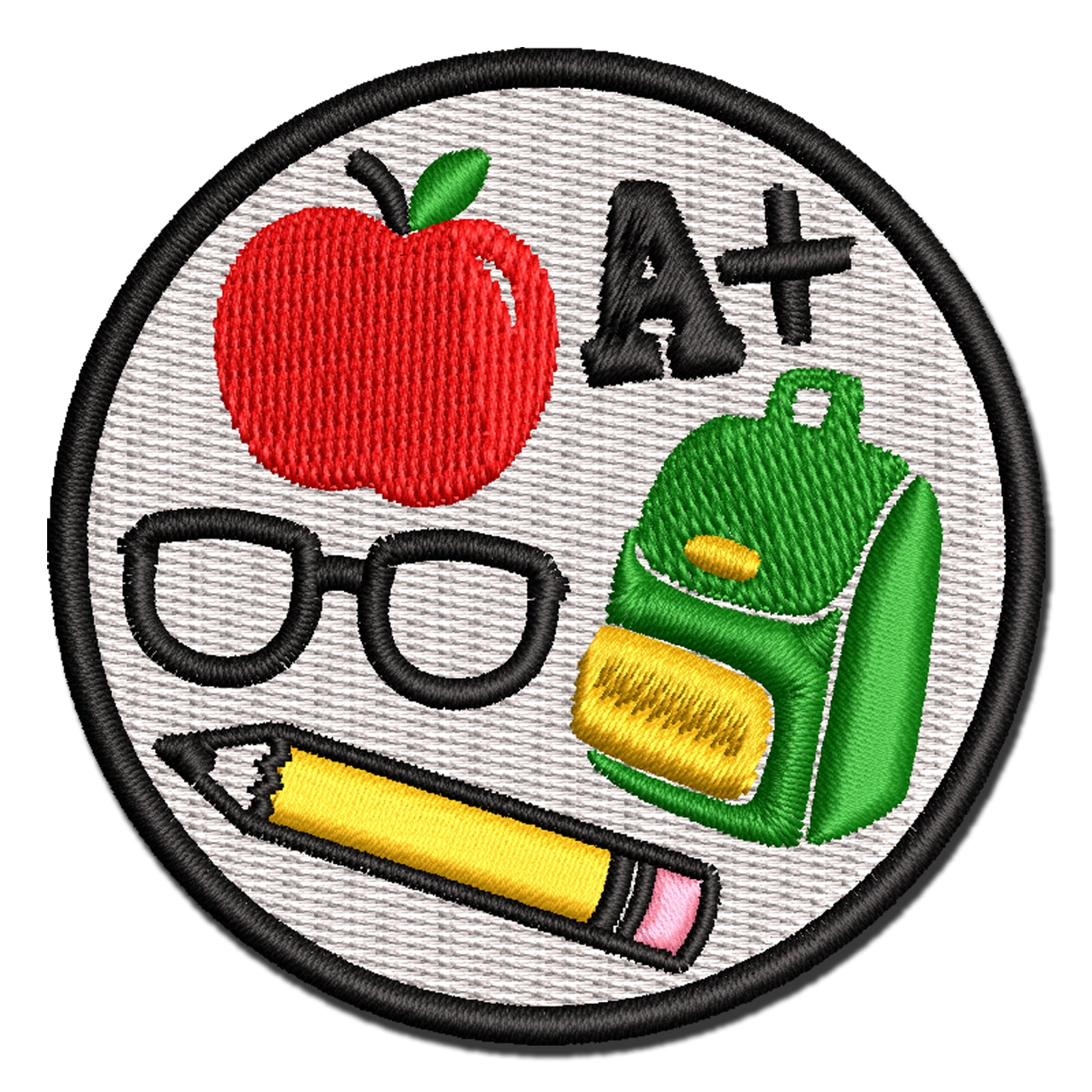 School Backpack Pencils Glasses Apple Applique Multi-Color Embroidered Hook & Loop Patch - 3.5 Inch Large