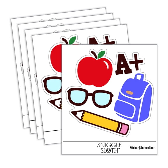 School Backpack Pencils Glasses Apple Car Window Bumper Water Bottle Phone Tablet Laptop Waterproof Vinyl Decal Sticker Set 5-Pack - Gloss Finish - 2.0"