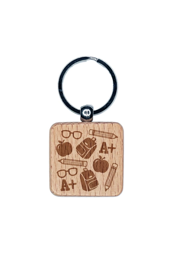 School Backpack Pencils Glasses Apple Square Keychain Charm Tag - Engraved Wood