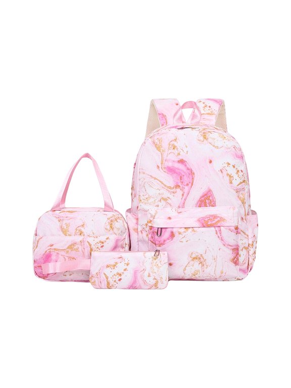 School Backpack Set 3 Piece Girls Gradient Pink Oxford Cloth, Cute Durable Large Capacity Bookbag with Handbag Pencil Case for Middle High School Students