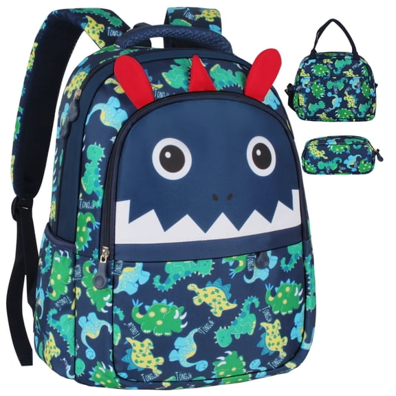 TONGJM Dinosaur Backpack for Toddler Boys, 3 Piece Set with Insulated Lunch Bag & Pencil Case, Gift Set,Blue