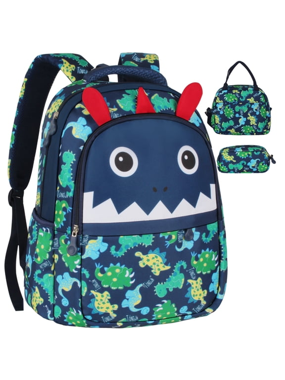 Dinosaur Backpack for Toddler Boys, 3 Piece Set with Insulated Lunch Bag & Pencil Case, Gift Set,Blue