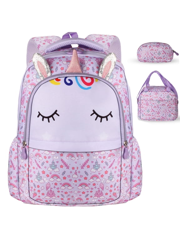 3Pcs Backpack Set for Girls, Kids Bookbag with Insulated Lunch Bag & Pencil Case, Cute Purple Cat Print for Elementary Preschool Gift