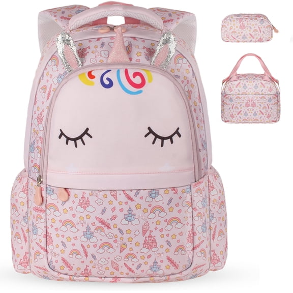 TONGJM 3Pcs Backpack Set for Girls, Kids Bookbag with Insulated Lunch Bag & Pencil Case, Cute Bag for Elementary Preschool  Gift, Pink