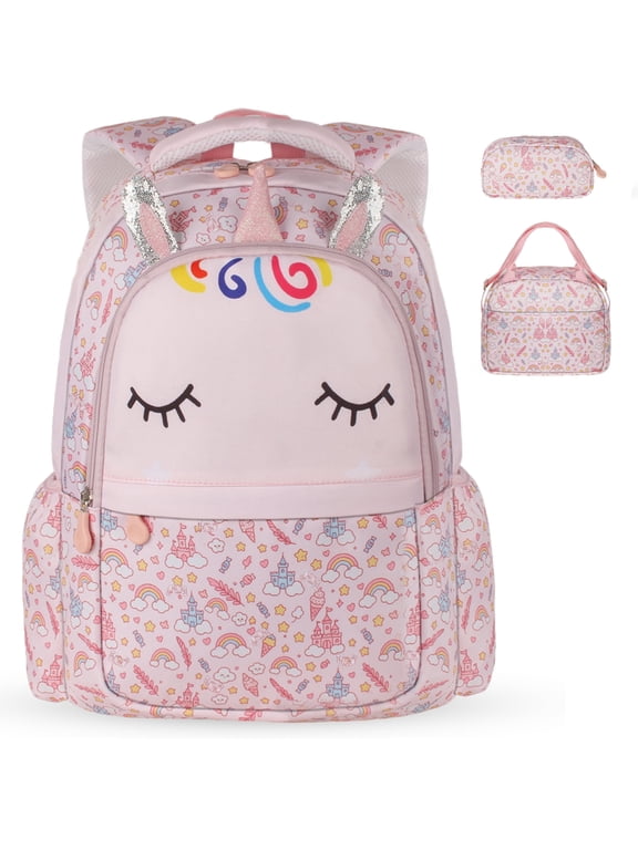 3Pcs Backpack Set for Girls, Kids Bookbag with Insulated Lunch Bag & Pencil Case, Cute Bag for Elementary Preschool Gift, Pink