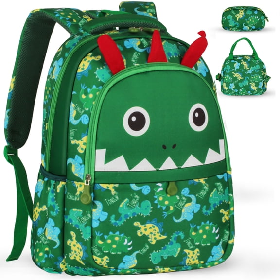TONGJM 3Pcs Kids Dinosaur Backpack Set, Cute Cartoon School Bookbag with Insulated Lunch Bag & Pencil Case,Lightweight Travel Daypack
