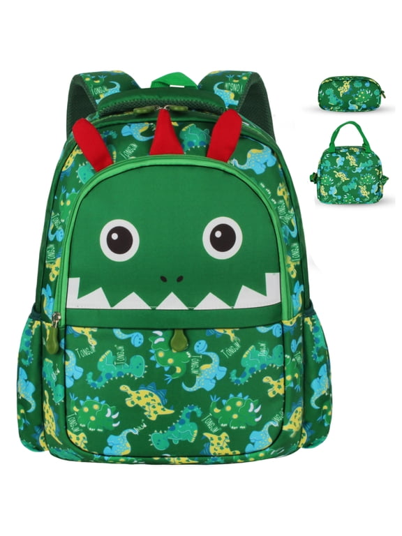 Dinosaur Backpack for Toddler Boys, 3 Piece Set with Insulated Lunch Bag & Pencil Case, Gift Set, Green
