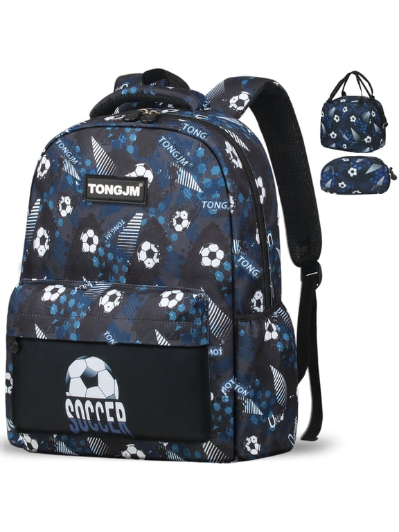 Boys Soccer Backpack with Insulated Lunch Box, 3 Piece Kids Bookbag Set, Gift Set, Navy