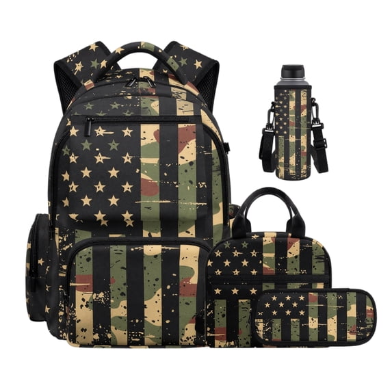 School Backpack Set 4 Piece American Flag Camouflage Print, Durable Polyester Student Bookbag with Lunch Bag Pencil Case & Bottle Holder for Boys Girls Elementary Middle School Daily Travel Outdoor