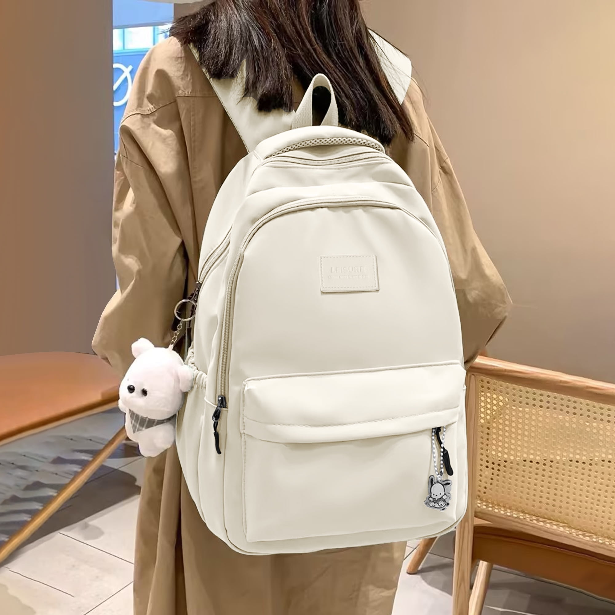 School Backpack Womens College Rucksack Lightweight School Bag Water Resistant Casual Travel Daypack College Secondary School Bags for Students fits 14 Inch Laptop Bookbag Beige