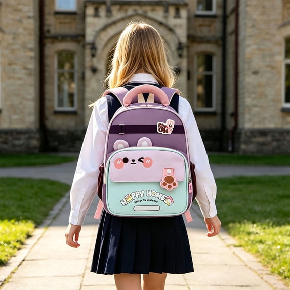 School Backpack for Boys Cartoon Bunny Bear Patchwork Kids Backpack Glow Tabs Lightweight Daypack Dark Purple One Size